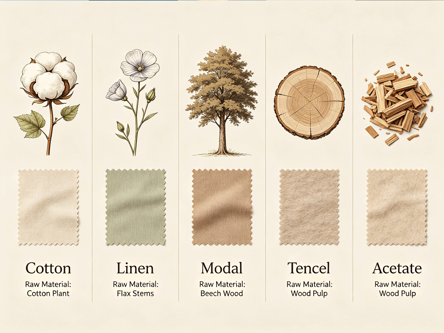 Plant-based and regenerated fibers: cotton, linen, modal, tencel, acetate